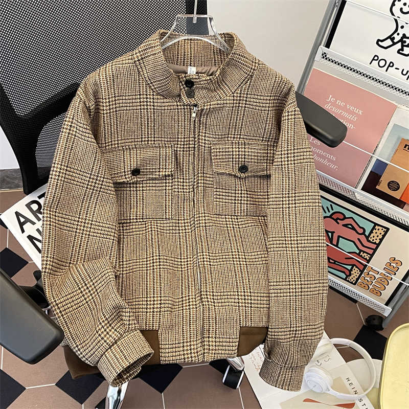 Harrington Jacket - Женская коричневая клетчатая осенняя куртка, пальто,